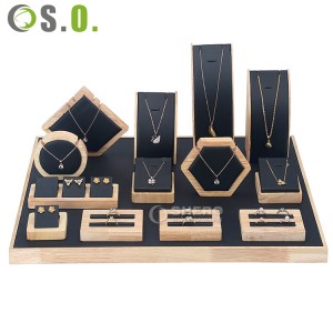 Bamboo & Black Velvet Jewelry Display Set Multi-Piece Stand for Rings Necklaces Earrings and Bracelets