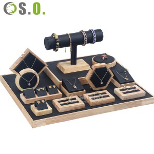Bamboo & Black Velvet Jewelry Display Set Multi-Piece Stand for Rings Necklaces Earrings and Bracelets