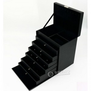 High End Black Leather Multi-Layers Jewelry Case With Handle Lock For Ring Necklace