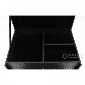 High End Black Leather Multi-Layers Jewelry Case With Handle Lock For Ring Necklace