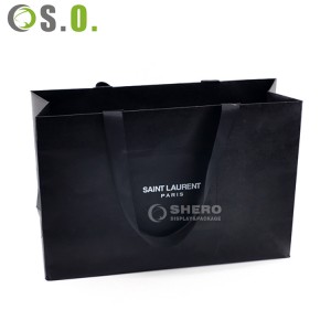 Custom Logo Printed Matt Finish Black Paper Shopping Bag With Grosgrain Ribbon Handle