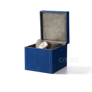 Custom Logo Luxury Elegant Blue Storage Suede Microfiber Single Branded Watch Box Packaging with Suede Pillow