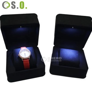 LED Light Watch Packaging Box Black Micro Fabric Velvet Watch Box Unique Round Concern Jewelry Box