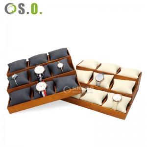 Solid Wood Linen Fabric Bracelet Bangle Holder Display Jewelry Trays Watch Tray with Pillow Insert