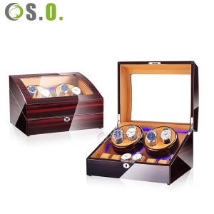Wood Unisex Watch Winder LED Ambient Light Rotation Winders Deluxe Silent Motor Pine Box with Lock