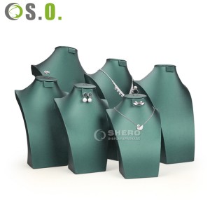 Wholesale Custom Handmade Pu Leather Green Mannequin Display Earring Ring Necklace Stand High Quality Display Bust