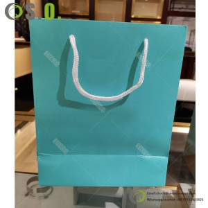 Customized Small Size Blue Luxury Jewelry Necklace Paper Bag Shopping Bag with Gold Logo