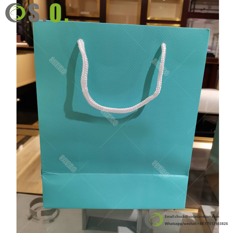 Customized Small Size Blue Luxury Jewelry Necklace Paper Bag Shopping Bag with Gold Logo