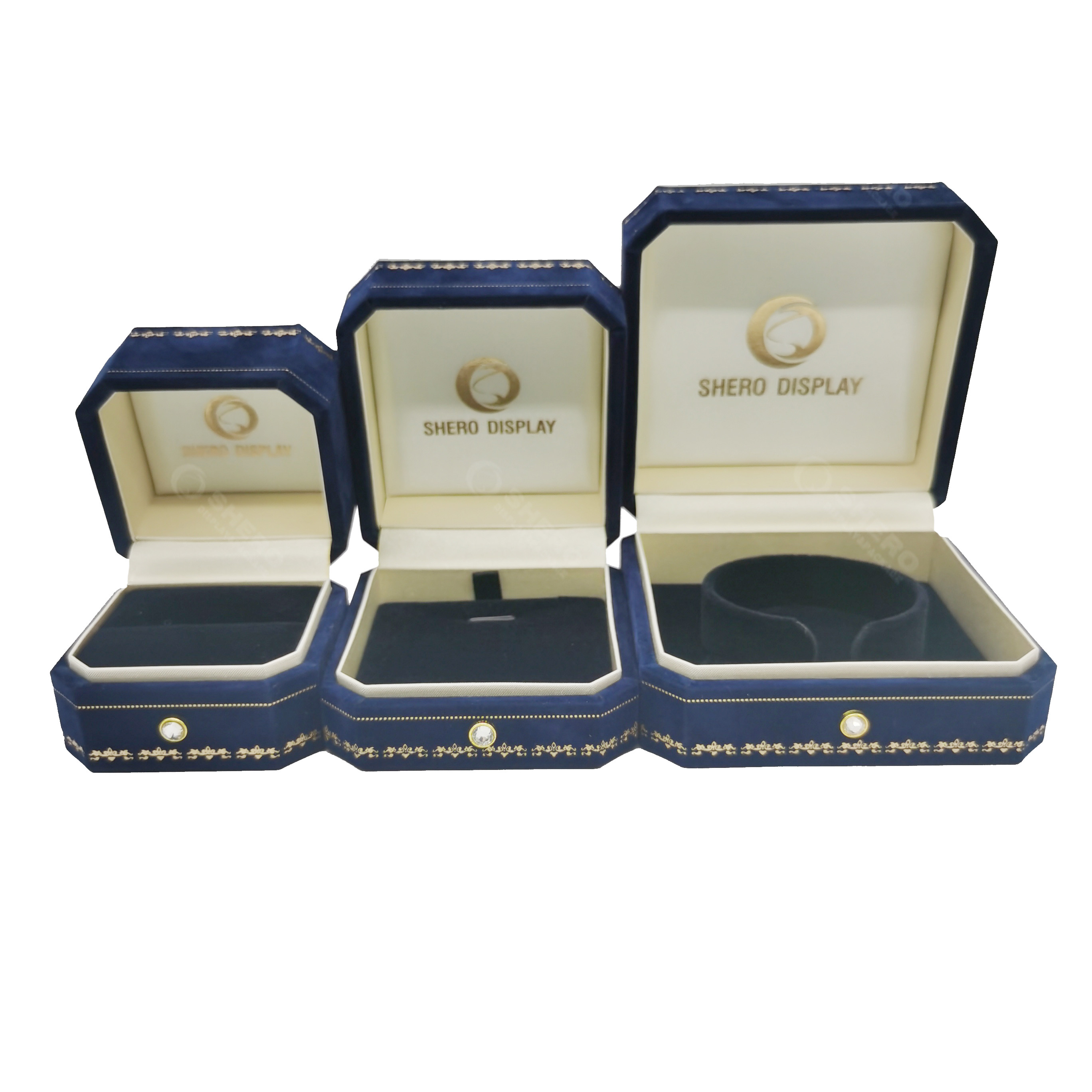 Wholesale Blue Velvet Jewelry Custom Logo Jewellery Gift Packaging Box For Jewelry Shop Retail
