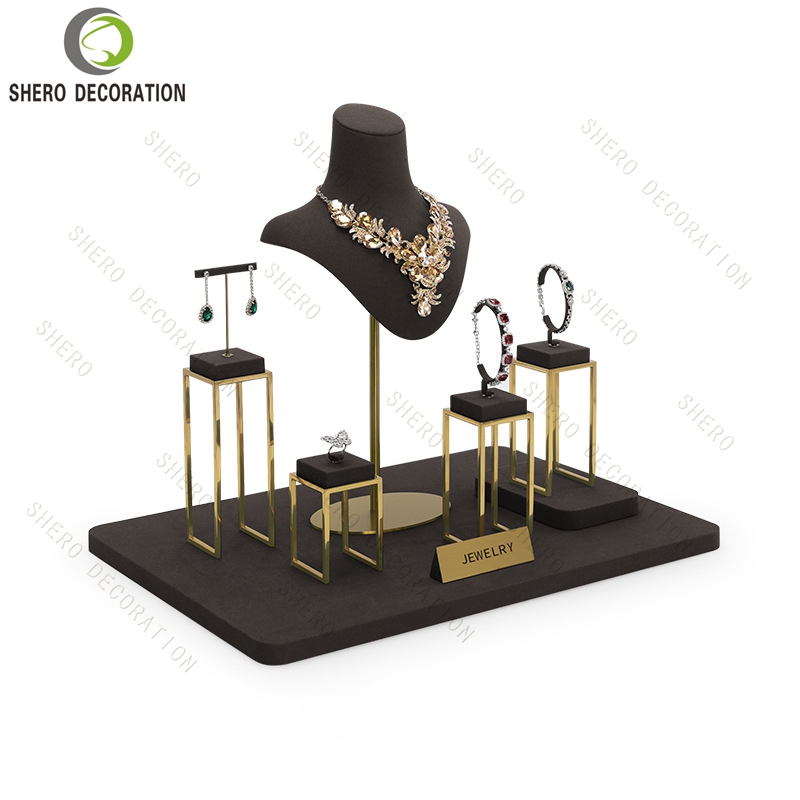 Custom Design Luxury Microfiber Bracelet Earrings Ring Necklace Props Tray Jewelry Display Stand Set