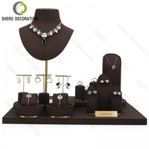 Wholesale Velvet Gold Color Base Ring Earrings Necklace Bangle Jewelry Bust Jewelry Set Display Stand for Showcase