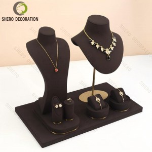 Wholesale Velvet Gold Color Base Ring Earrings Necklace Bangle Jewelry Bust Jewelry Set Display Stand for Showcase