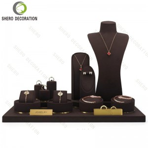 Wholesale Velvet Gold Color Base Ring Earrings Necklace Bangle Jewelry Bust Jewelry Set Display Stand for Showcase