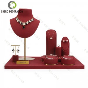 High-end Luxury Jewelry Display Set Necklace Earring Ring Bracelet Display Stand Microfiber Red Jewelry Display Set Prop