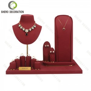 High-end Luxury Jewelry Display Set Necklace Earring Ring Bracelet Display Stand Microfiber Red Jewelry Display Set Prop