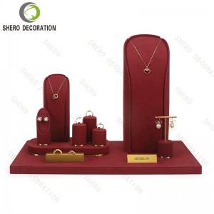 High-end Luxury Jewelry Display Set Necklace Earring Ring Bracelet Display Stand Microfiber Red Jewelry Display Set Prop