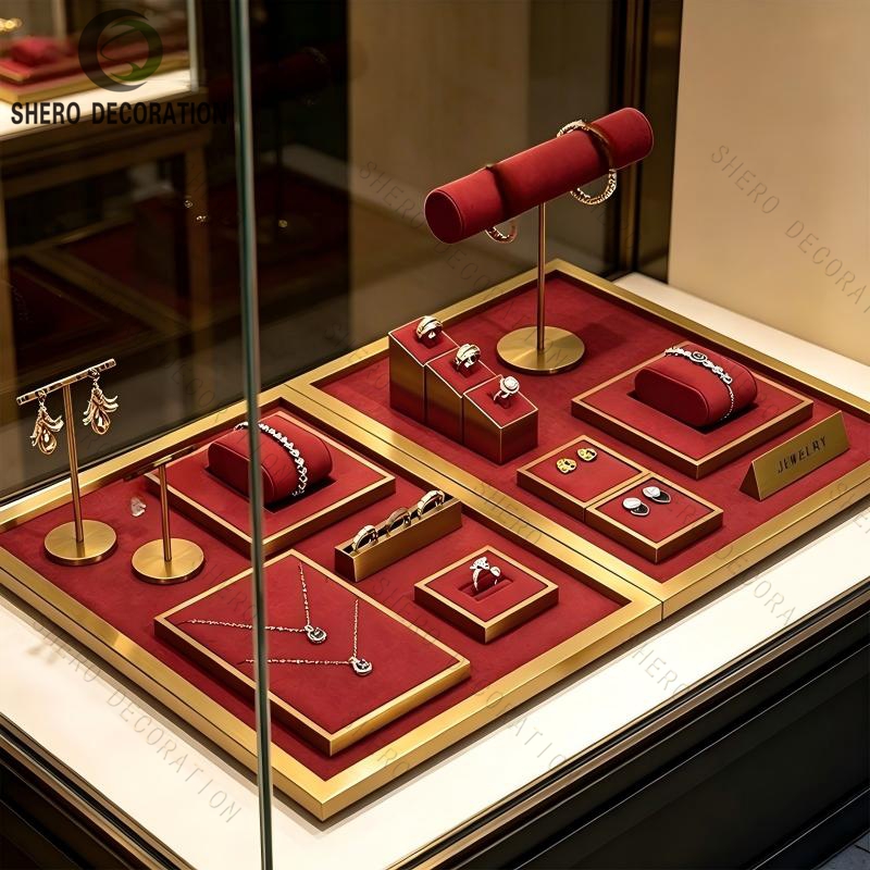 Luxury Velvet Jewelry Display Stand Set Metal Jewelry Bust Necklace Ring Earring Showcase Display Props