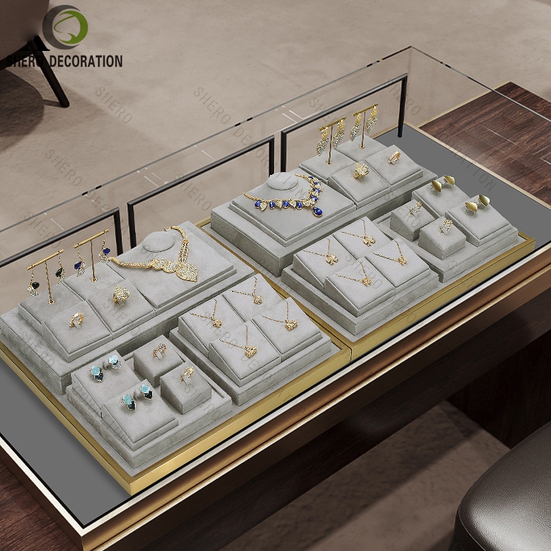 High-end Microfibier Velvet Jewellery Display Props Custom Jewelry Display Stand Set for Store display case for jewelry