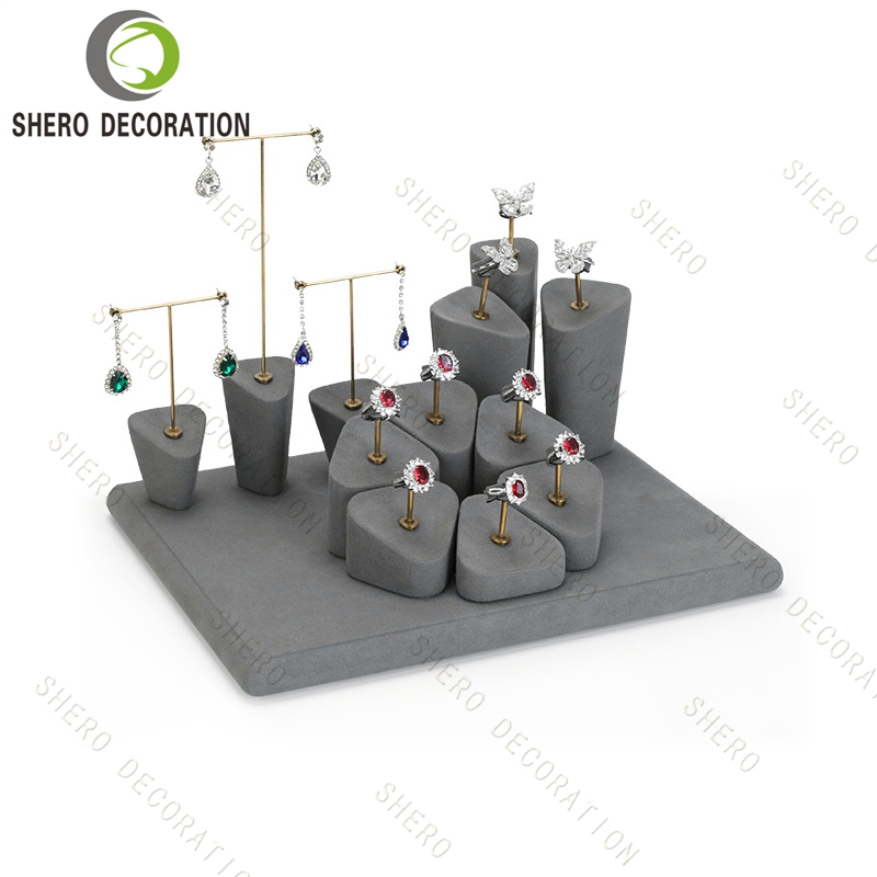 Custom Jewelry Shop Display Props Full Set green Microfiber Ring Earring Pendant Stand Tray for Jewellery Counter